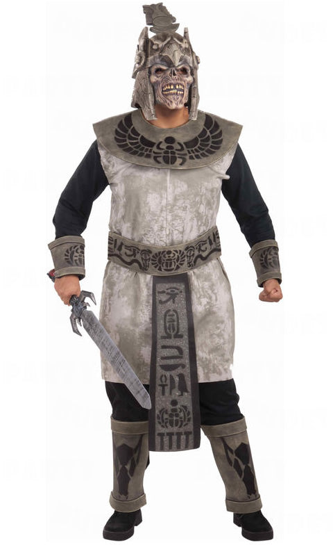 Egyptian skeleton warrior costume with headpiece, mask, arm and shin guards, and tunic with belt and collar