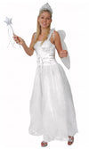Long white fairy godmother dress with attached corset, wings, tiara and wand