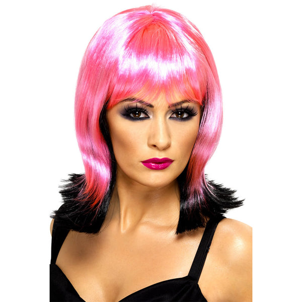Pink shoulder length wig with black tips