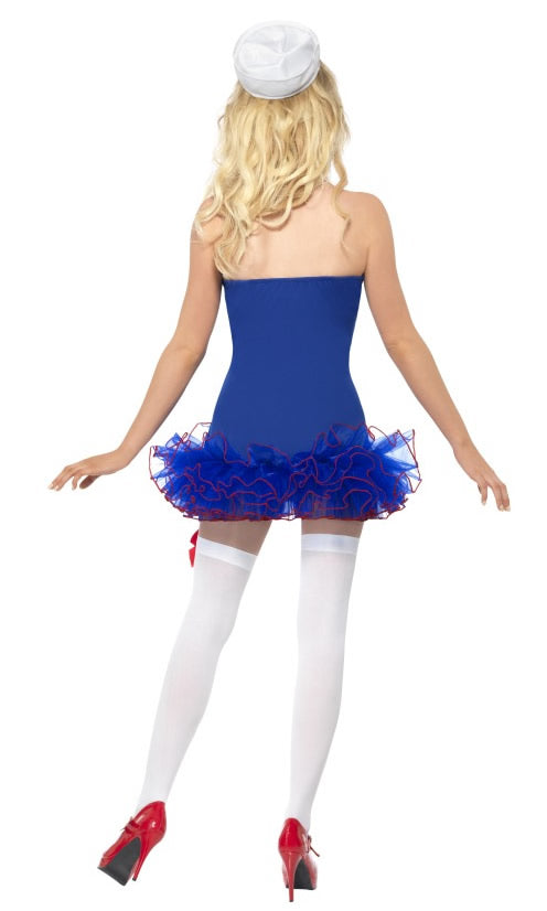 Back of short blue sailor tutu dress and white hat