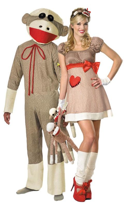 Woman's Sock Monkey dress with monkey headband, leg warmers and gloves, next to Sock Monkey