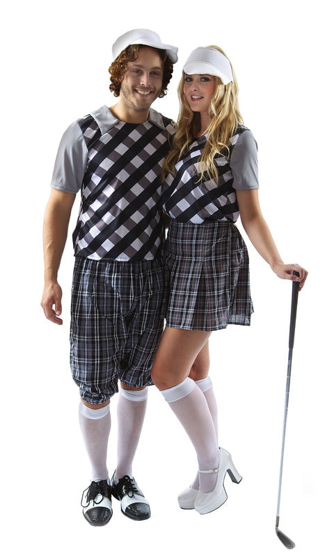 Woman's grey golf costume skirt and top with white visor, next to matching partner