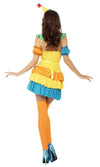 Back of orange and blue clown dress with neck ruffle, sleeves and hat