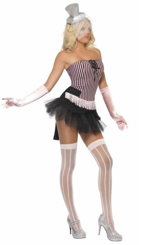Side of short burlesque tutu skirt with corset style top and pink ruffle panties