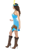 Side of short blue Native Indian halter neck dress with headpiece