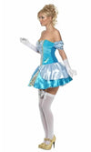 Side of short blue Cinderella strapless dress with sleeves
