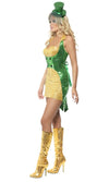Side of sequin gold and green halter neck dress with mini top hat