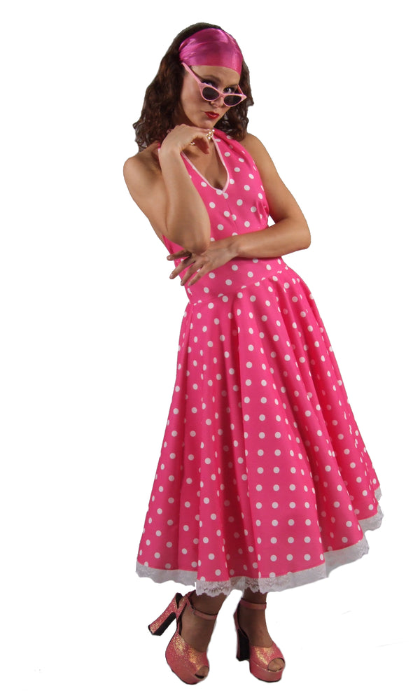 1950s pink dress with white dots