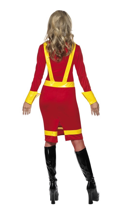 Back of red firefighter dress with yellow stripes