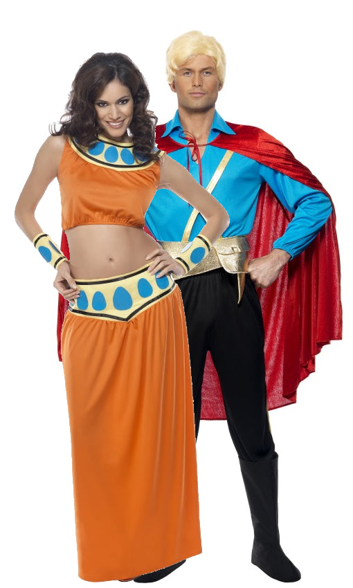 Orange top and skirt Dale costume from Flash Gordon, with wrist cuffs, next to Flash