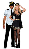 Woman's French pilot costume with hat in black and gold, next to pilot