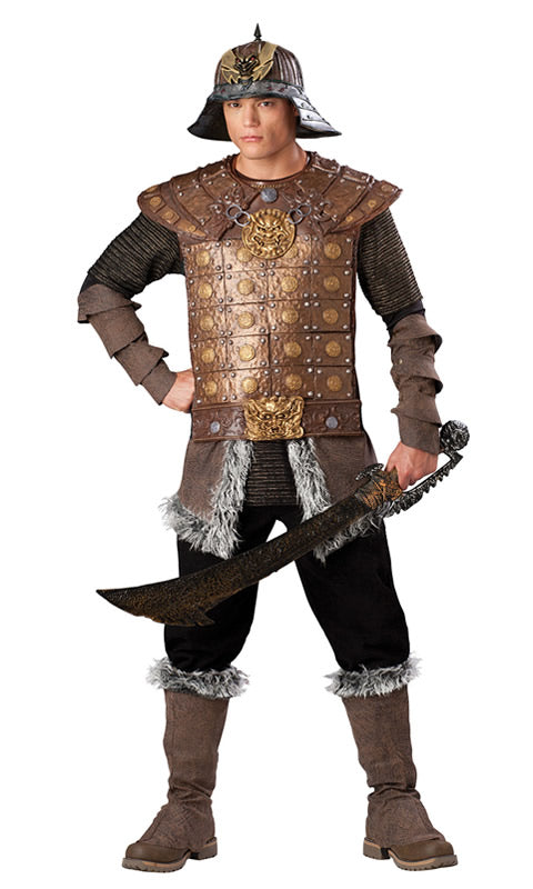 Genghis Khan armour costume with fur trim and helmet