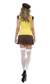 Back of short brown and yellow girl guide dress with brown hat