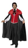 Vampire costume with red vest, cravat, medallion and cape