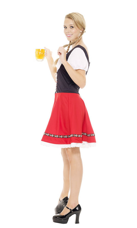 Side of lace trimmed red Oktoberfest dress