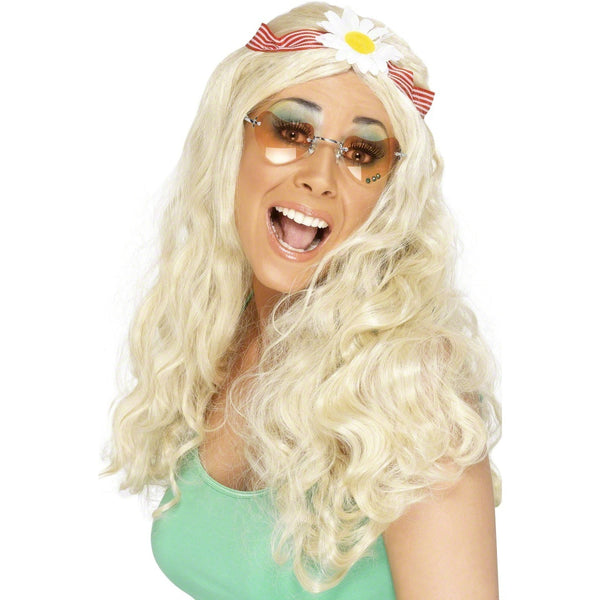 Long wavy blonde hippie wig with flower headband