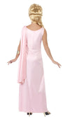 Back of Ilithyia Spartacus long pink and yellow dress with sleeve drape and belt