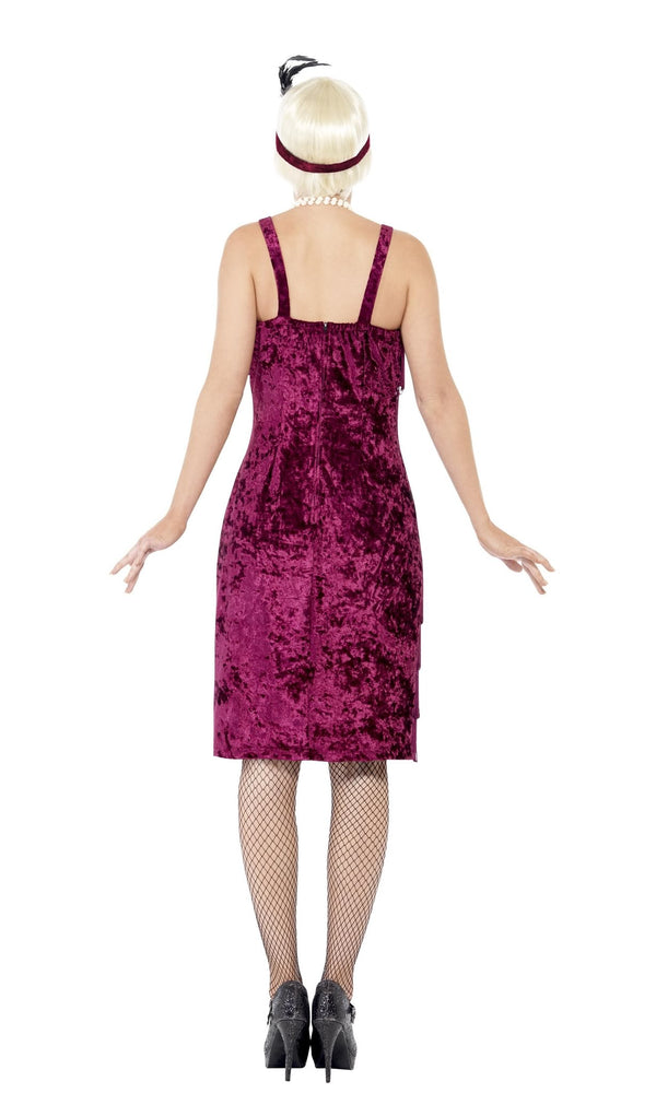 Back of knee length maroon flapper dress with headband