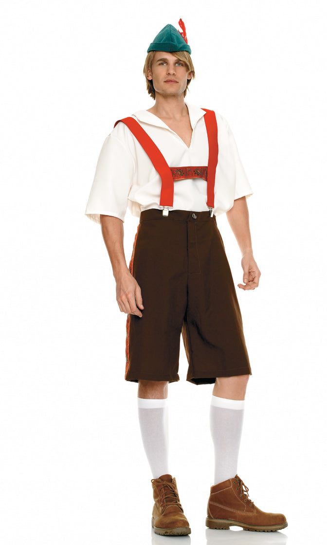 German brown lederhosen with suspenders, green hat and white short sleeve shirt