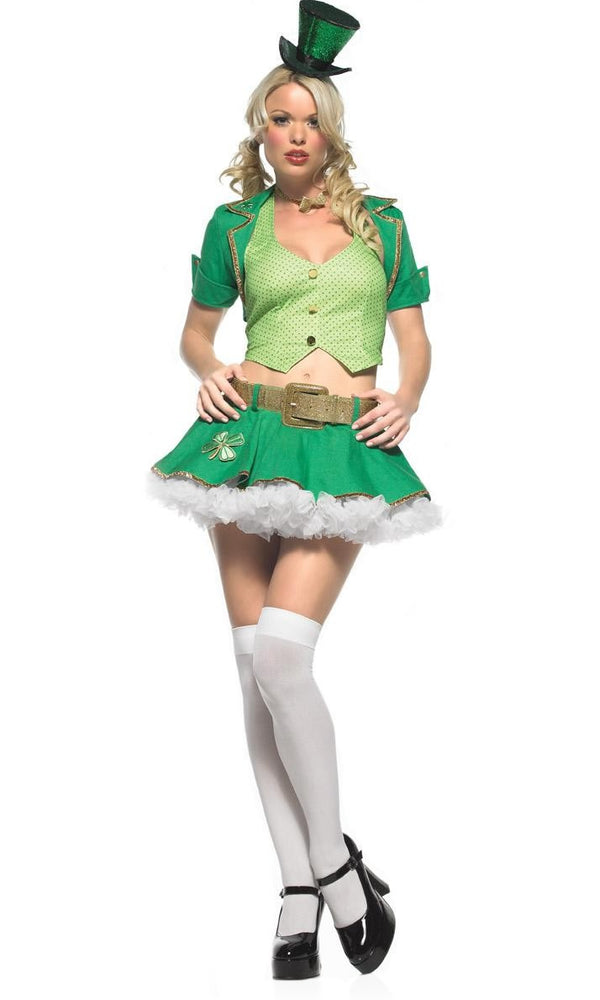 Short green Irish costume with dress, shrug jacket, vest, choker and belt