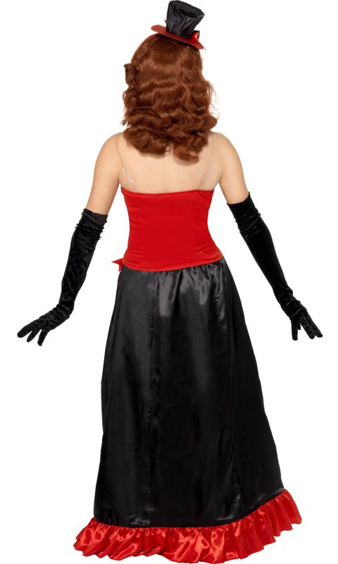 Back of long burlesque costume dress with top, skirt and hat with red trims