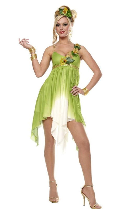 Green Mother Nature dress with flowers and matching head piece