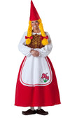 Long red and white garden gnome lady costume with petticoat, yarn wig, hat and shoe covers