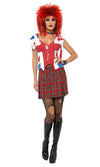 Woman's punk costume skirt with British flag top, red wig, choker and bracelet