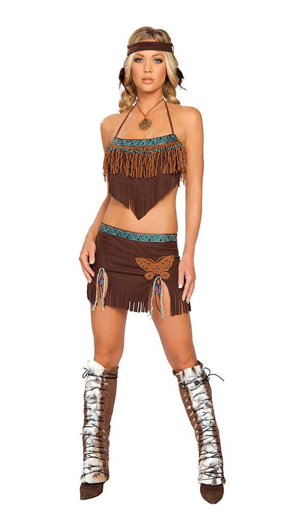 Short brown Native American Indian top and skirt with leg warmers, necklace and headband with feathers