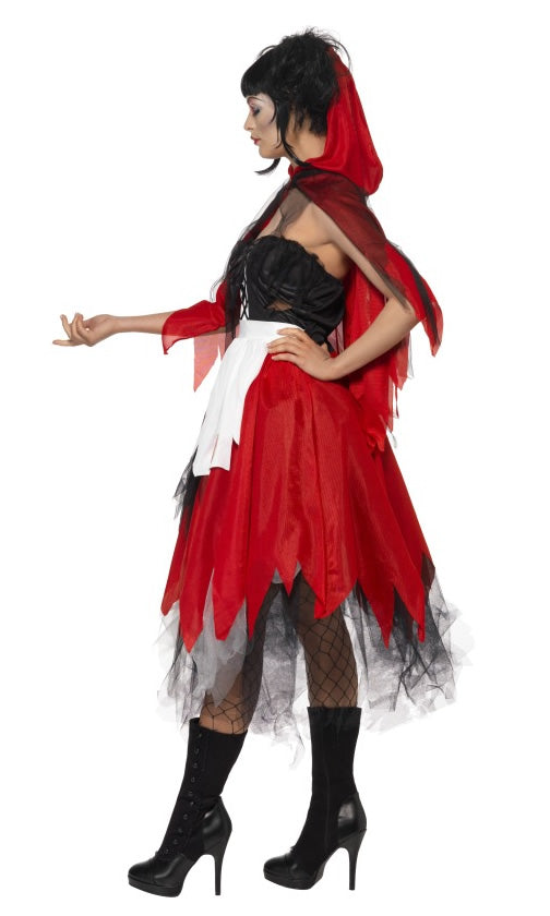 Side of red strapless Red Riding Hood dress with petticoat, apron and cape