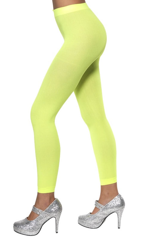 A pair of neon green footless tights, standard size, displayed against a white background.