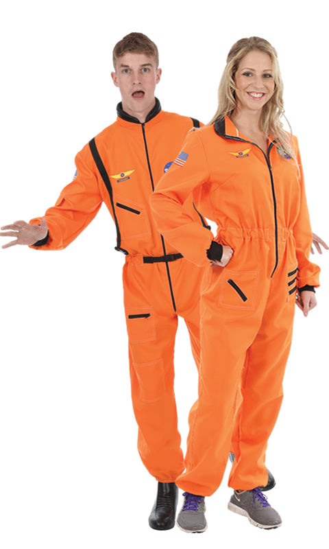 Men's orange astronaut jumpsuit next to matching partner