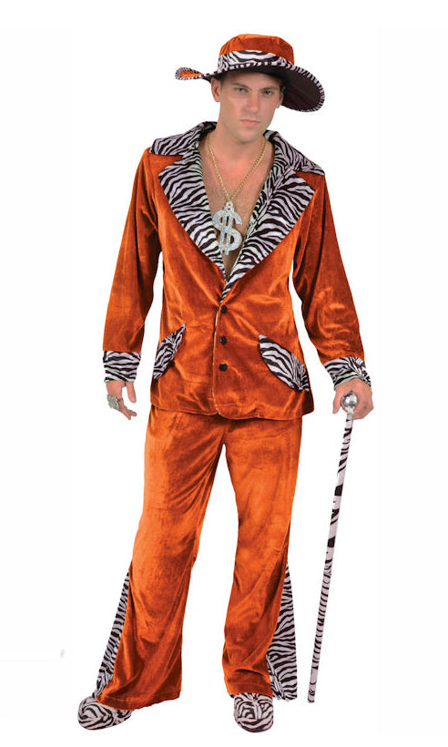 Orange pimp costume with hat and animal stripe trims