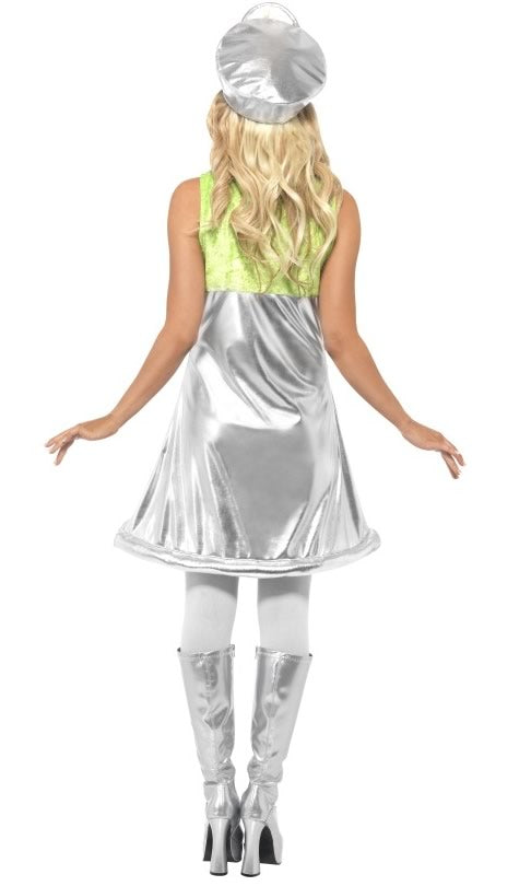 Back of silver and green Oscar Sesame Street dress with headpiece