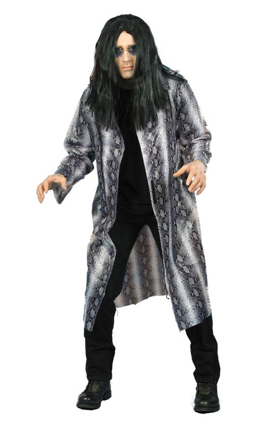 Long grey Ozzy Osbourne style costume worn by a man with a long black wig