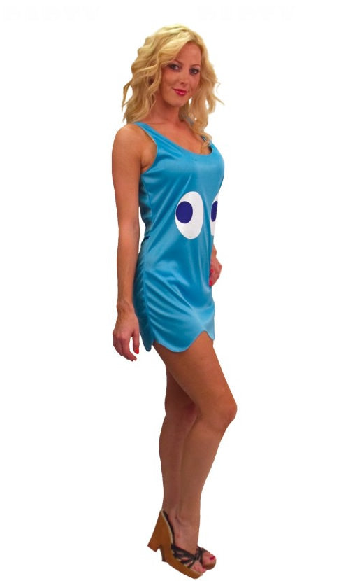 Side of blue Inky ghost pac-man dress with eyes