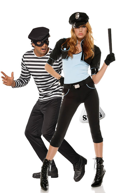 Woman's patrol officer costume with bolero, gloves, baton, tank top and hat next to burglar
