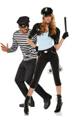 Woman's patrol officer costume with bolero, gloves, baton, tank top and hat next to burglar