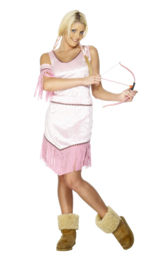 Pink Native American Indian costume top, skirt with tassels, head band and arm band