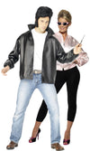 Silky pink ladies Grease jacket with guy wearing a T-bird black jacket and blue jeans