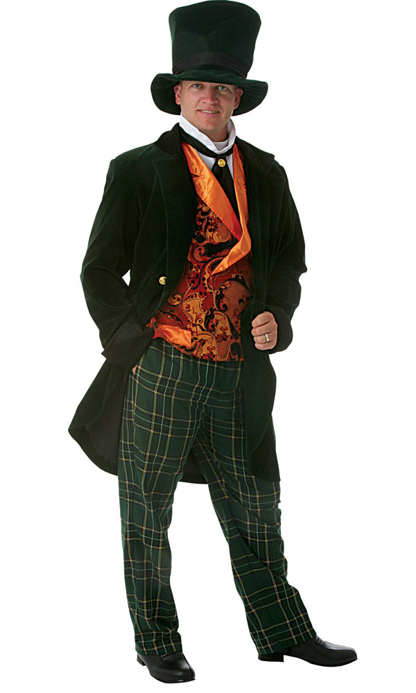 Mad hatter dark green jacket , hat, pants, ascot, with orange vest