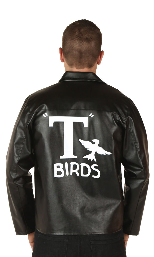 Back of plus size T-Bird black jacket with 'T-Birds' logo