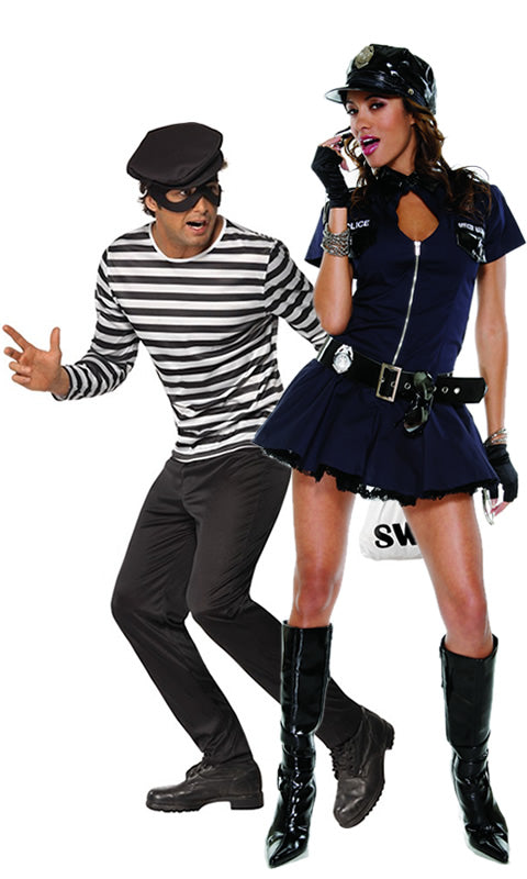 Short police dress with petticoat, hat, gloves, handcuffs and whistle next to burglar