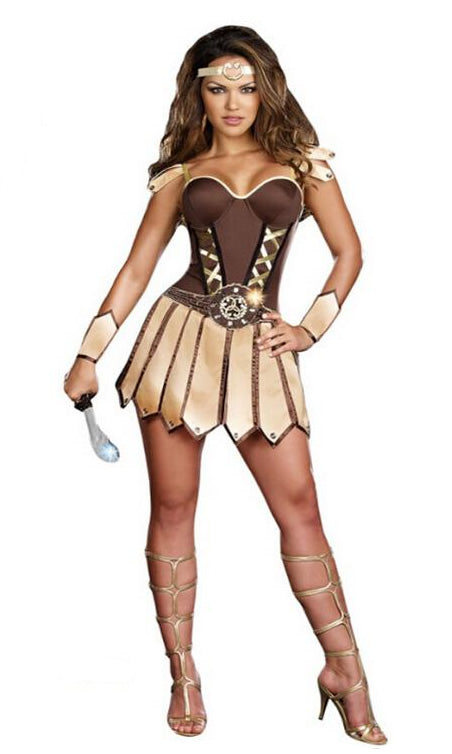 Alternate view of long brown Greek dress with headband and wrist cuffs
