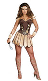 Alternate view of long brown Greek dress with headband and wrist cuffs