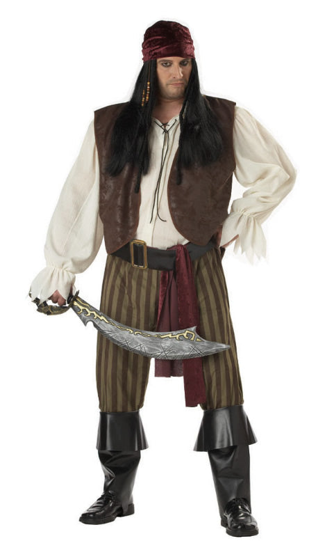 Men's plus size pirate with brown vest and striped pants, with bandana and belt