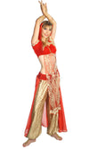 Belly dancer costume in red with chiffon veil, standing with arms up