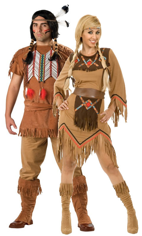 Brown Native Indian costume with headband and belt next to male Indian