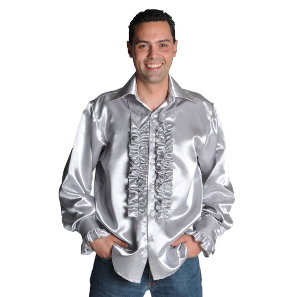 Men's 70s long sleeve silver shirt with frills on chest