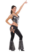 Alternate view of silver and black disco costume with short top and long pants with flares
